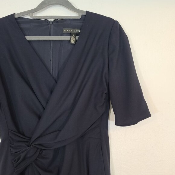 Ralph Lauren Black Label Faux Wrap‎ Gathered Waist Shift Dress Wool Navy Size 2 - Picture 3 of 8